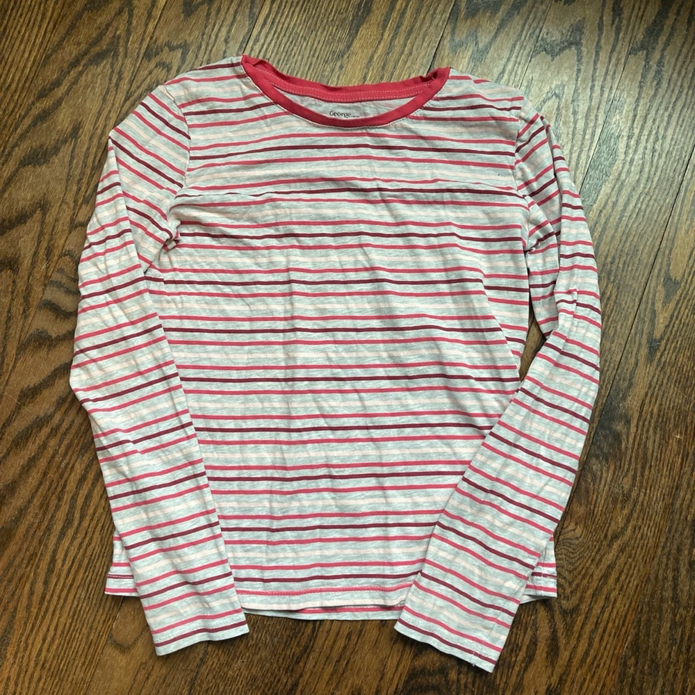 Girls George Top Size L White Pink Striped Long Sleeve Shirt